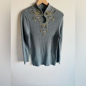 Vintage Object Dart Metallic Ribbed Beaded Long Sleeve Top Sz M Y2K 90s Glam